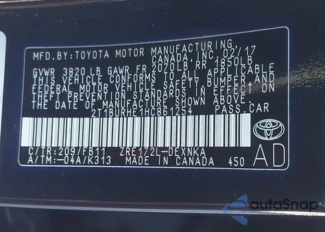 2017 Toyota Corolla Le from USA, damaged, VIN 2T1BURHE1HC861254